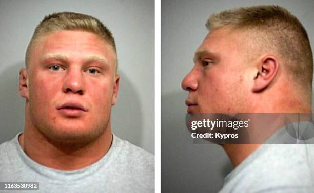 In this handout, American professional wrestler Brock Lesnar in a mug shot following his arrest in Louisville, Kentucky, US, January 2001.