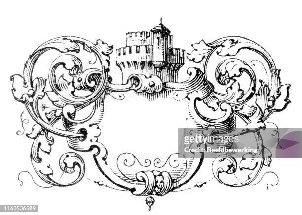 wappen wie dekoration mit fiktiven burgturm - coat of arms stock-grafiken, -clipart, -cartoons und -symbole