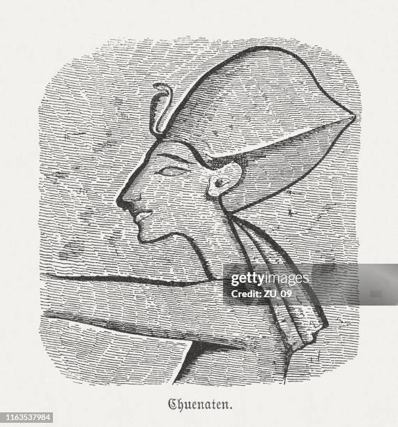 ilustraciones, imágenes clip art, dibujos animados e iconos de stock de acientato (echnaton, o khuenaten), dinastía 18, grabado en madera, publicado en 1879 - akhenaten pharaoh