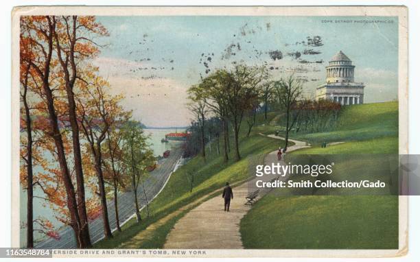 Postcard with illustration of a person walking towards Grant's Tomb on Riverside Drive in New York City, New York, 1910. From the New York Public...