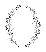 Hand drawn floral oval frame wreath on white background