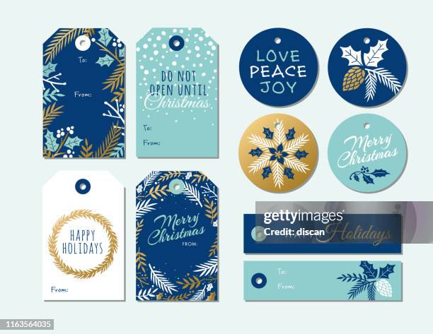 set of christmas and holiday tags. - wreath illustration stock illustrations