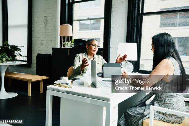 female financial advisor in discussion with mature female business owner at desk in office - consultor financeiro imagens e fotografias de stock