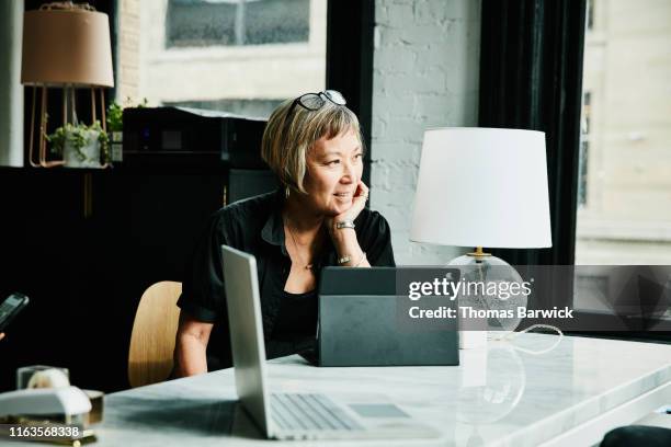 portrait of smiling mature businesswoman seated at desk in creative office - wisdom knowledge modern stock pictures, royalty-free photos & images