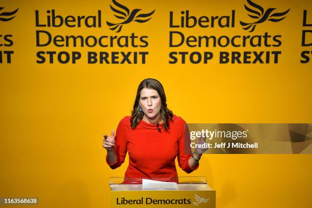 New leader of the Liberal Democrats, Jo Swinson addresses the audience onstage at Proud Embankment on July 22, 2019 in London, England. Former deputy...