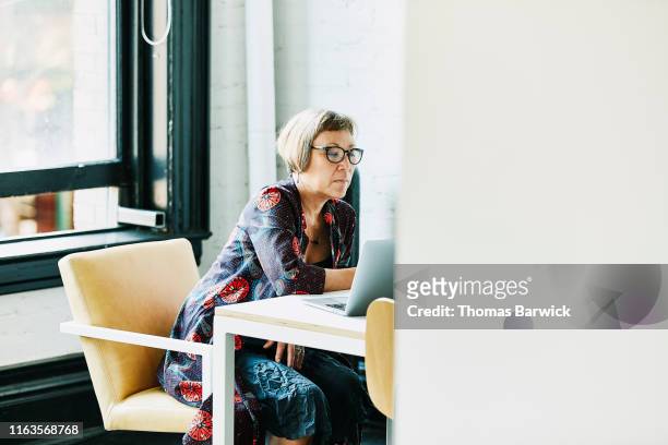 mature businesswoman working on laptop in office conference room - grey hair lady stock pictures, royalty-free photos & images