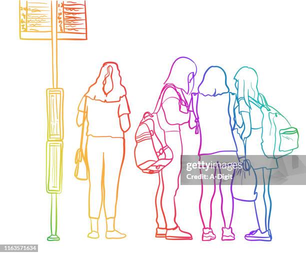 bildbanksillustrationer, clip art samt tecknat material och ikoner med highschool flickor busshållplats rainbow - bus stop