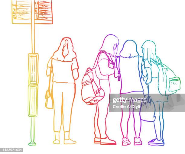 highschool girls bus stop rainbow - high school student white background stock illustrations