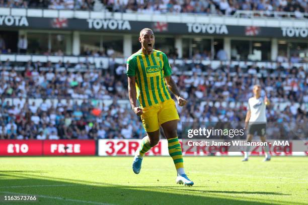 Kenneth Zohore of West Bromwich Albion celebrates after scoring a goal to make it 1-1 during the Sky Bet Championship match between Derby County and...