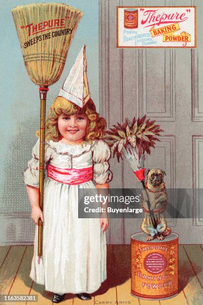 Victorian trade card advertises Thepure baking powder with a image of little girl with a broom and a small dog with a feather duster, 1889. The...