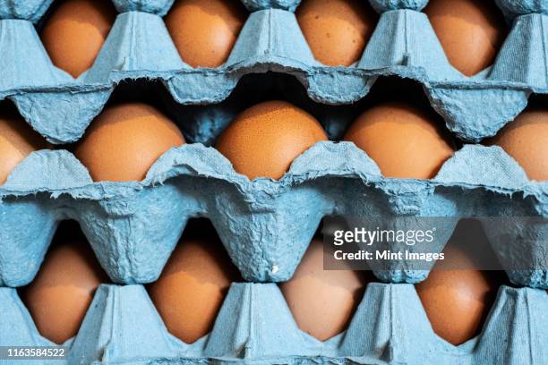full frame close up of a stack of blue cartons with brown eggs. - eierdoos stockfoto's en -beelden