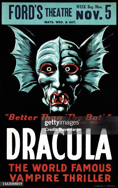 Window card advertises the stage version of Bram Stoker's 'Dracula,' at Ford's Theatre , 1928. 'The World Famous Vampire Thriller' is touted, by the...
