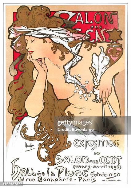 Art Nouveau poster features an illustration of a naked woman with paint brush and feather quill pen.