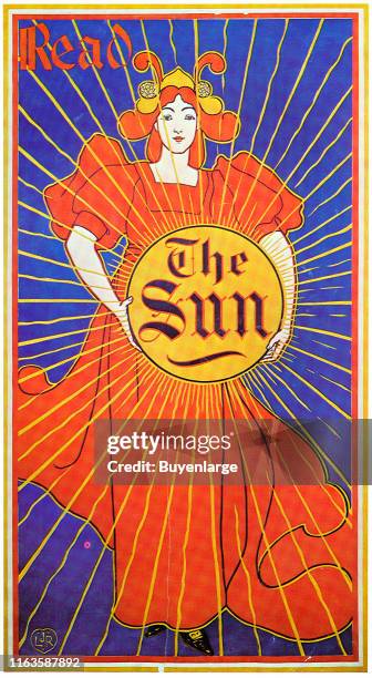 Illustration features an Art Nouveau-style image of a young woman as she holds up radiating disk labelled 'The Sun,' 1897.