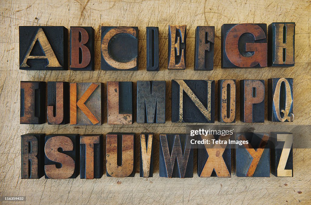 Close up of alphabet on letterpress