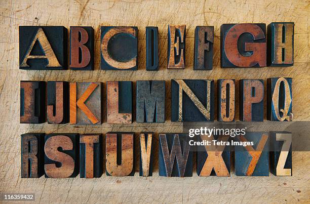 close up of alphabet on letterpress - letterpress stock pictures, royalty-free photos & images