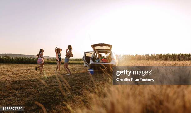 carefree girls dancing behind their car while relaxing from traveling - road trip stock pictures, royalty-free photos & images