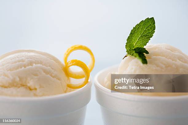 close up of ice cream with lemon peel an mint leaf - lemon peel stock pictures, royalty-free photos & images