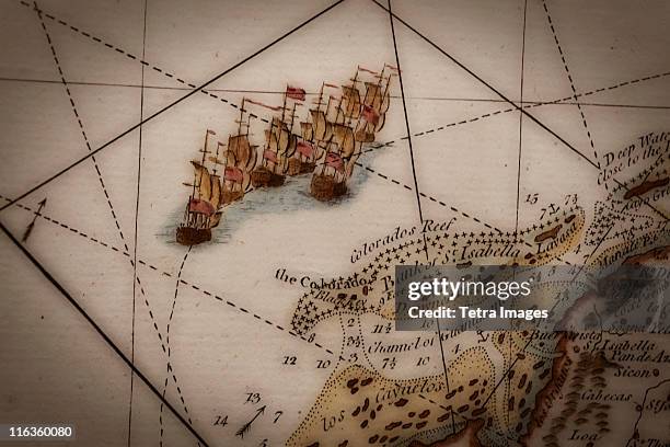 close up of antique map of coastline of england with tall ships - windjammer stock-fotos und bilder