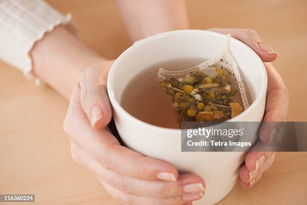 woman holding cup with chamomile tea - camomilla foto e immagini stock