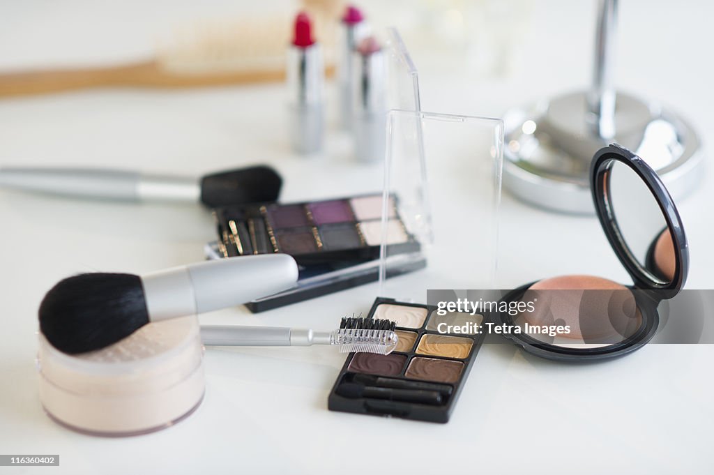 USA, New Jersey, Jersey City, make-up cosmetics on table