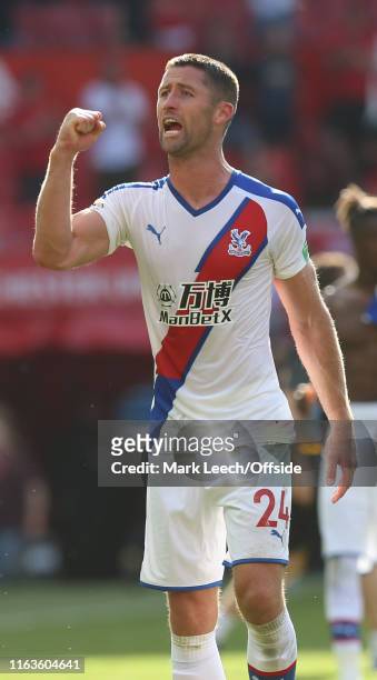 Gary Cahill of Palace celebrates victory after the Premier League match between Manchester United and Crystal Palace at Old Trafford on August 24,...