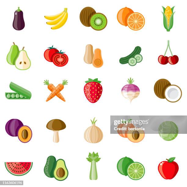 ilustraciones, imágenes clip art, dibujos animados e iconos de stock de conjunto de icones de frutas y verduras - freshness