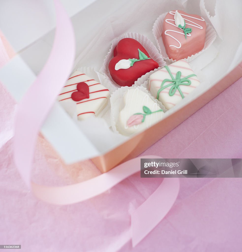Studio shot of box of heart-shaped candies