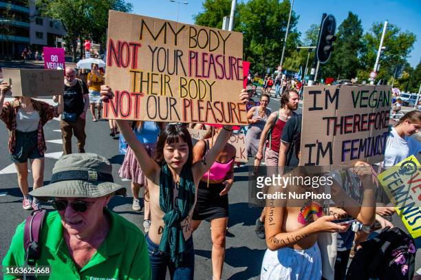 Protestors take part during Animal Rights March on August 24, 2019 in Amsterdam,Netherlands. Animal lovers, activists and supporters stand up and...