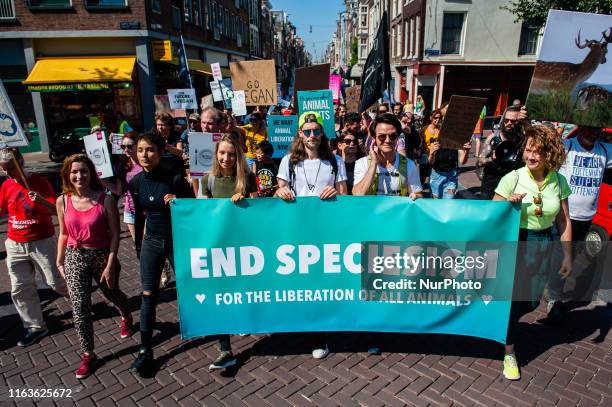 Protestors take part during Animal Rights March on August 24, 2019 in Amsterdam,Netherlands. Animal lovers, activists and supporters stand up and...