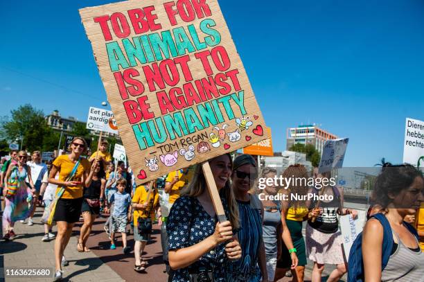 Protestors take part during Animal Rights March on August 24, 2019 in Amsterdam,Netherlands. Animal lovers, activists and supporters stand up and...