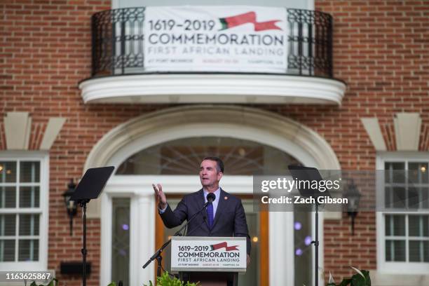 Gov. Ralph Northam speaks during the 2019 African Landing Commemorative Ceremony on August 24, 2019 in Hampton, Virginia. The event marks the 400th...