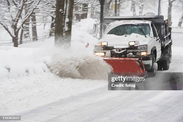 usa, new york city, snowplowing truck - snowplow stock-fotos und bilder