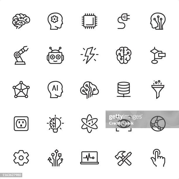 artificial intelligence - outline icon set - robot hand human hand stock illustrations