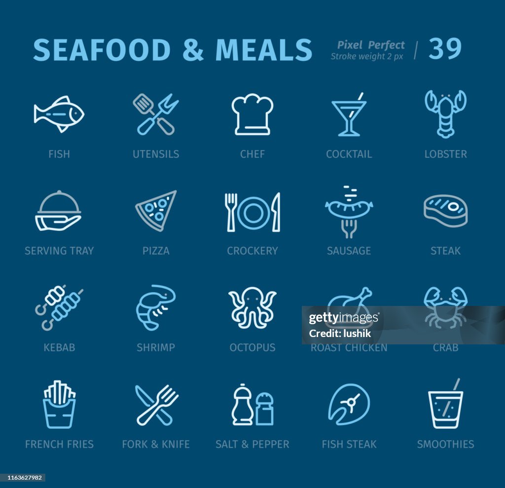 Seafood and Meals - Outline icons with captions