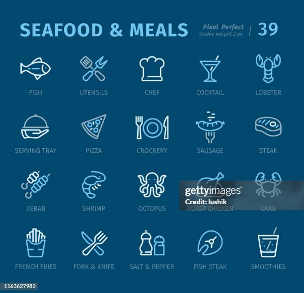 seafood and meals - outline icons with captions - salmon fillet stock illustrations