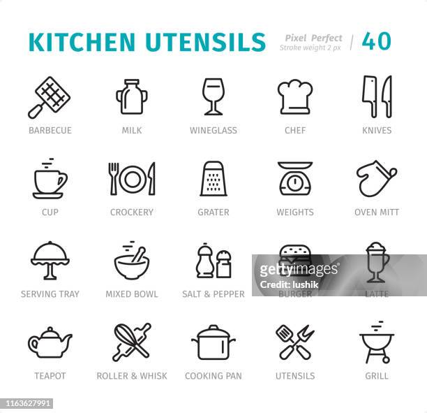 stockillustraties, clipart, cartoons en iconen met keukengerei-pixel perfecte lijn pictogrammen met bijschriften - plateau keukengereedschap