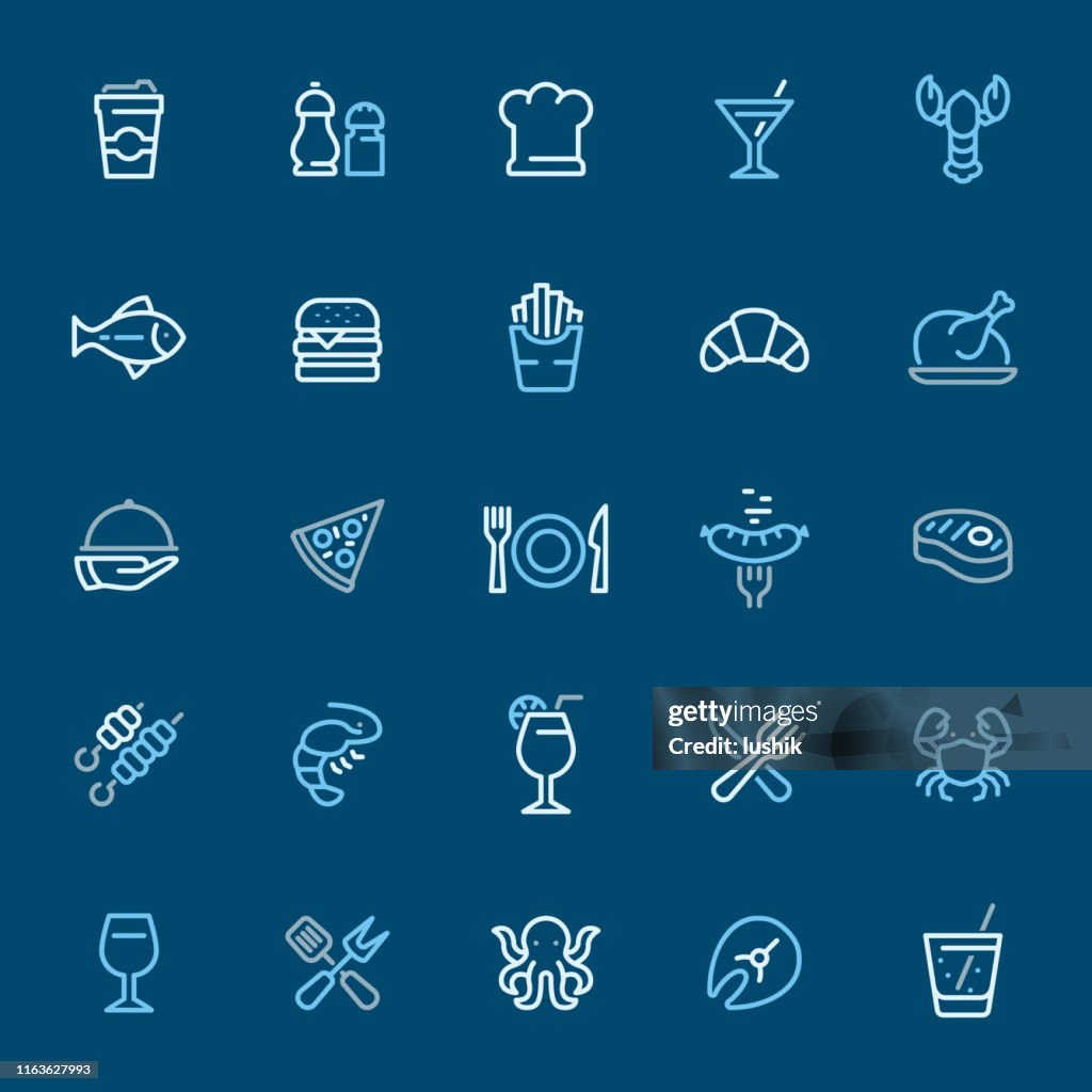 Frutti di mare e pasti - icone dei contorni dei colori