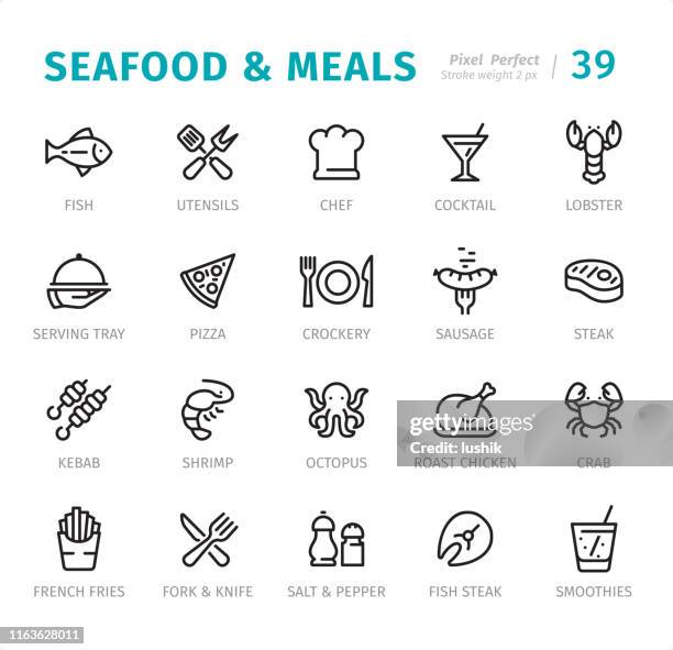 stockillustraties, clipart, cartoons en iconen met zeevruchten en maaltijden-pixel perfecte lijn pictogrammen met bijschriften - fillet