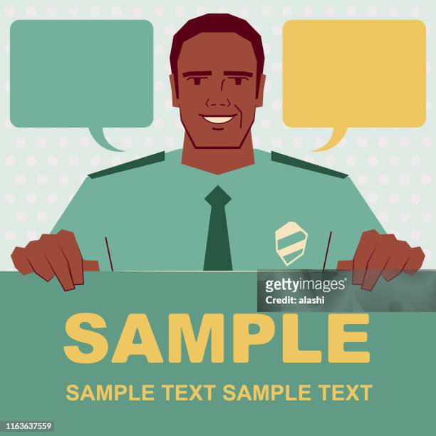 smiling african ethnicity police chief holding blank sign - notice board stock illustrations