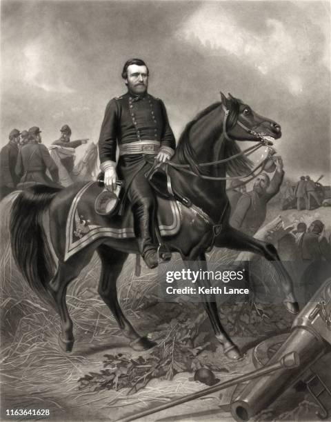 general ulysses s. grant riding a horse in a civil war battle - ulysses s grant stock illustrations