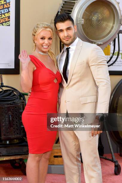 Britney Spears and Sam Asghari attend Sony Pictures' "Once Upon A Time...In Hollywood" Los Angeles Premiere on July 22, 2019 in Hollywood, California.