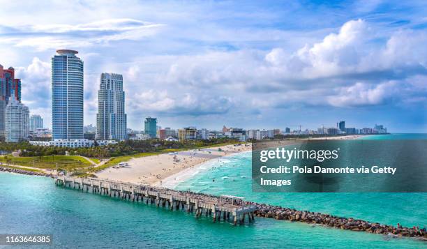 aerial drone view of south beach in miami from south pointe park, florida, usa - boulevard strand stock pictures, royalty-free photos & images