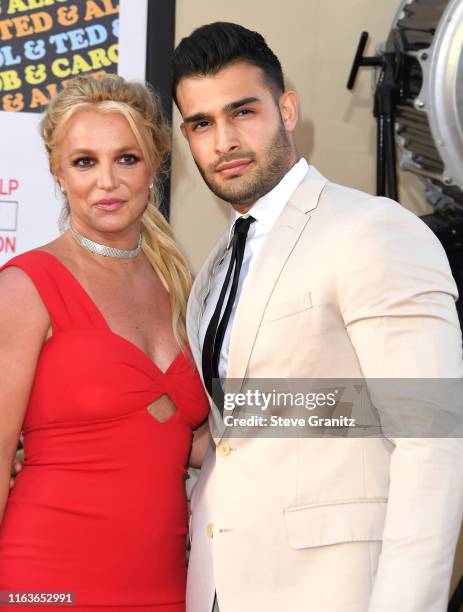 Britney Spears and Sam Asghari arrives at the Sony Pictures' "Once Upon A Time...In Hollywood" Los Angeles Premiere on July 22, 2019 in Hollywood,...