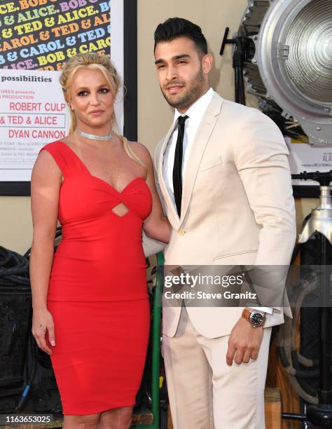 Britney Spears and Sam Asghari arrives at the Sony Pictures' "Once Upon A Time...In Hollywood" Los Angeles Premiere on July 22, 2019 in Hollywood,...