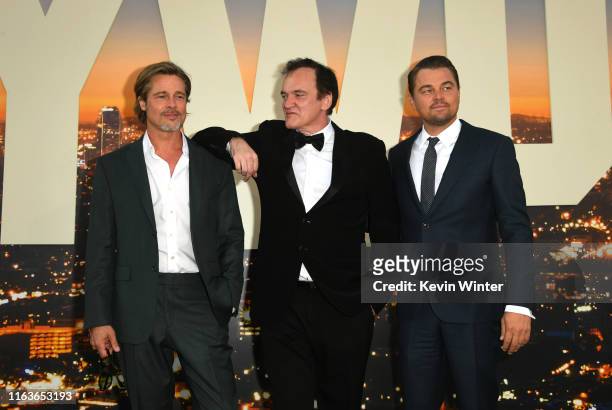 Brad Pitt, Director Quentin Tarantino and Leonardo DiCaprio attend the Sony Pictures' "Once Upon A Time...In Hollywood" Los Angeles Premiere on July...