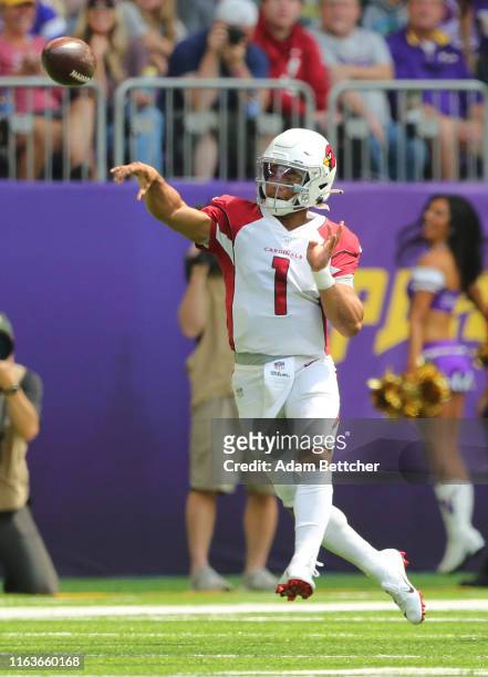 Kyler Murray of the Arizona Cardinals throws the ball in the second quarter of preseason play against the Minnesota Vikings at U.S. Bank Stadium on...