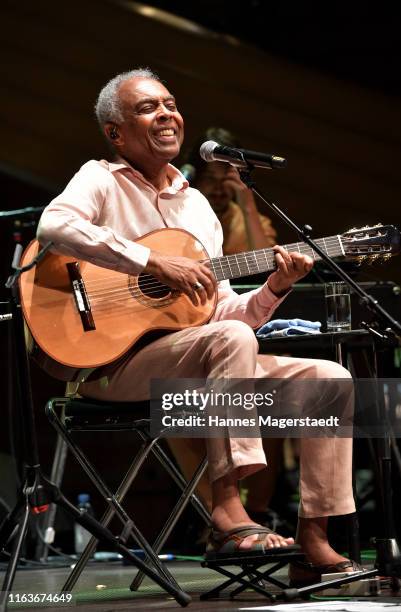 Brazilian multi-instrumentalist and singer/songwriter Gilberto Gil performs live at the Jazz Summer 2019 opening at Hotel Bayerischer Hof on July 22,...