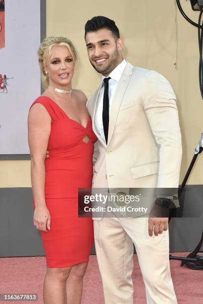 Britney Spears and Sam Asghari attend the Los Angeles premiere of "Once Upon A Time In Hollywood" at TCL Chinese Theatre on July 22, 2019 in...