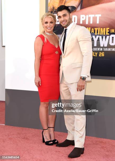 Britney Spears and Sam Asghari attend Sony Pictures' "Once Upon a Time ... In Hollywood" Los Angeles Premiere on July 22, 2019 in Hollywood,...